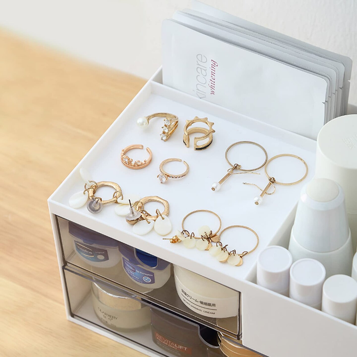 Makeup Organizer with 2 Drawers, Desk Organizer, 4 Compartments, Cosmetics Storage Box for nail polish,Lipstick, Brushes, Jewelry, Skincare, Bathroom Organization Boxes - White