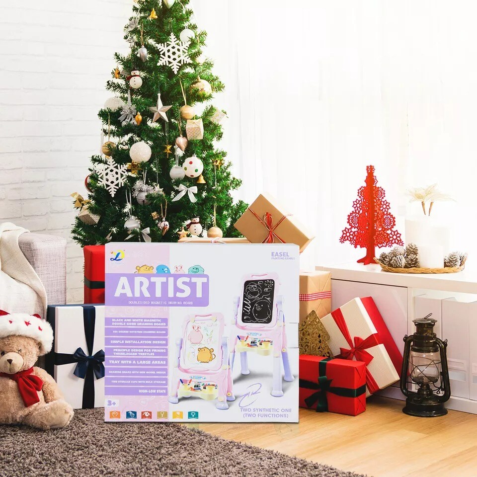 Kids Easel Double Sided Art Easel Painting Play 2 Adjustable Height Purple