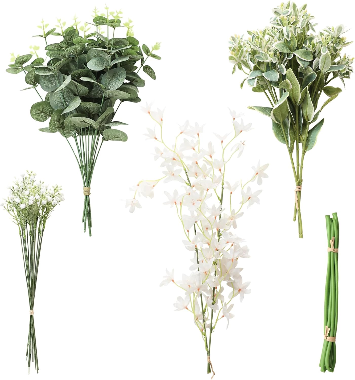 Artificial Greenery Stems Box Set, 25pcs with 4 Kinds of Faux Greenery Flowers Picks for DIY Bridal Bouquets Wedding Floral Arrangement Table Centerpieces, Tender Green & Sage Green 2.5"D x 5.5"W x 17"H