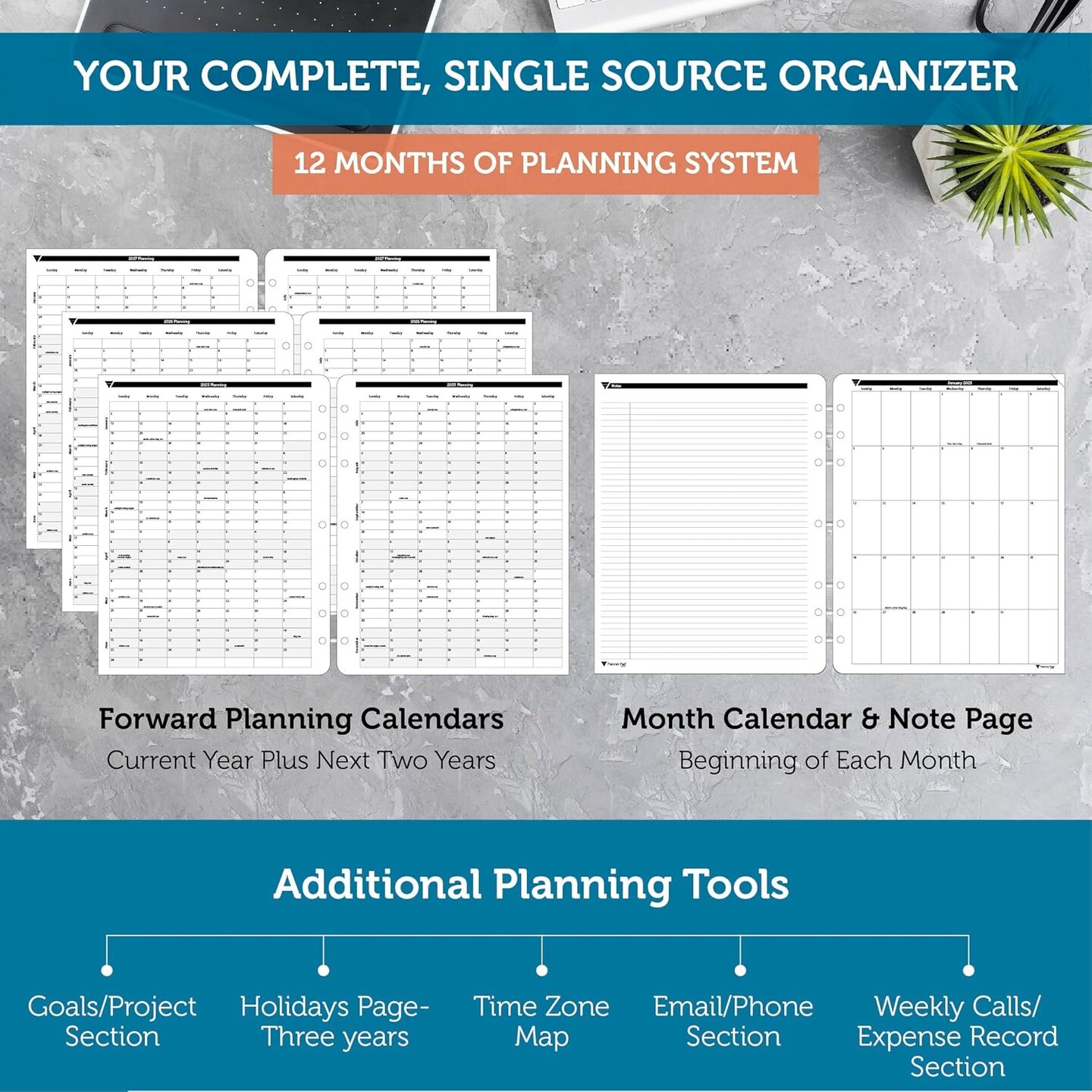 Planner Pad 7 Hole Loose Leaf January-December 2025/ Calendar Year 8 1/2" x 11" Large 3-Tier Funnel Down 12 Month Organizer, Black Ink