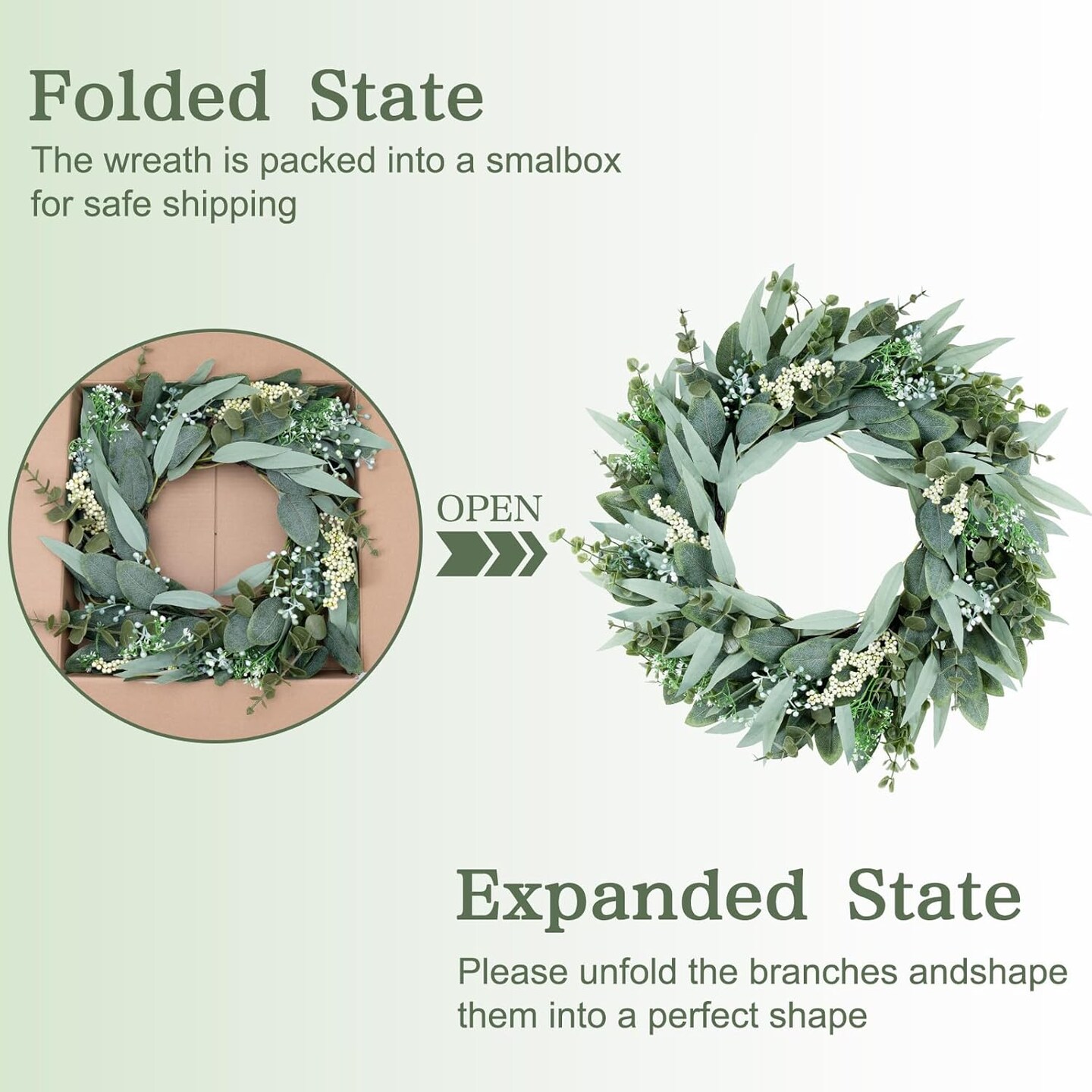 26&#x22; Eucalyptus Wreath Large Artificial Greenery Outdoor/Indoor Wreath Spring/Summer Wreath Green Wreaths for Front Door Porch Window Wall Hanging Decor All Year Round Wreath&#xFF08;Green&#xFF09;