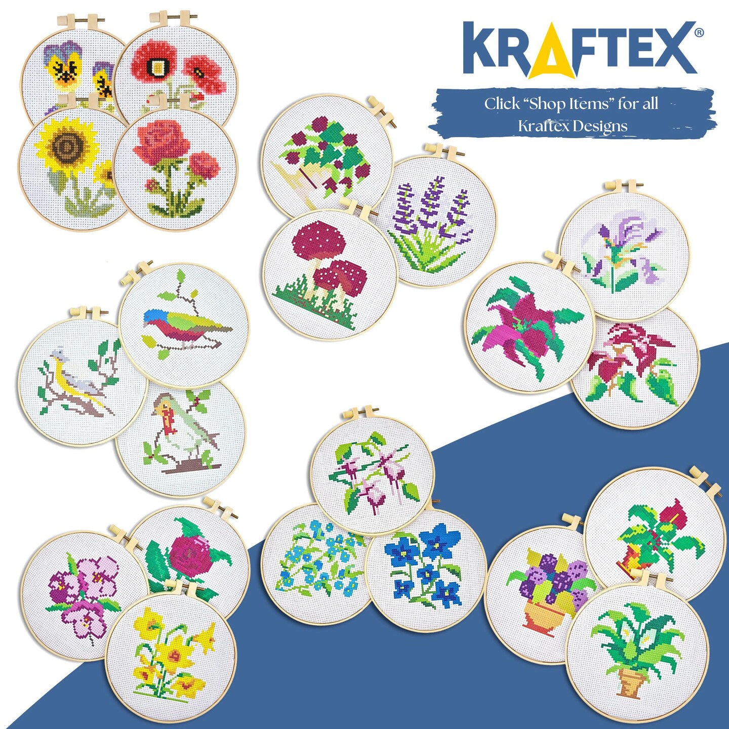 Floral Stamped Cross Stitch Kits for Beginners - 3 Pack. DIY Embroidery Needlepoint Patterns for Adults and Kids. Easy Cross Stitch Kits for Beginners (Blue Flowers, Forget Me Not & Fuschia)