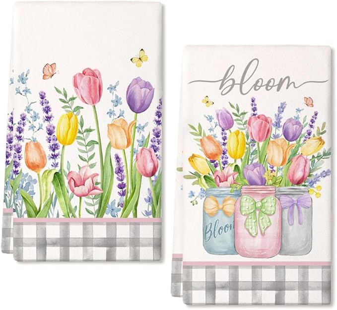 Lavender Tulip Spring Kitchen Towels Dish Towels Set of 2,Pink Floral Hand Towels 18x26 Inch Drying Dishcloth,Farmhouse Home Seasonal Spring Decorations AD273