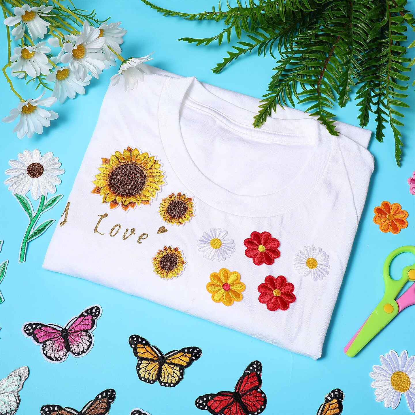 36 Pieces Flower Iron On Embroidered Patches Sunflower Cute Sew On Applique Patches for Clothing Large Colorful Decorative Patches for Clothes Dress Hat Jeans DIY (Butterfly, Sunflower, Daisy)