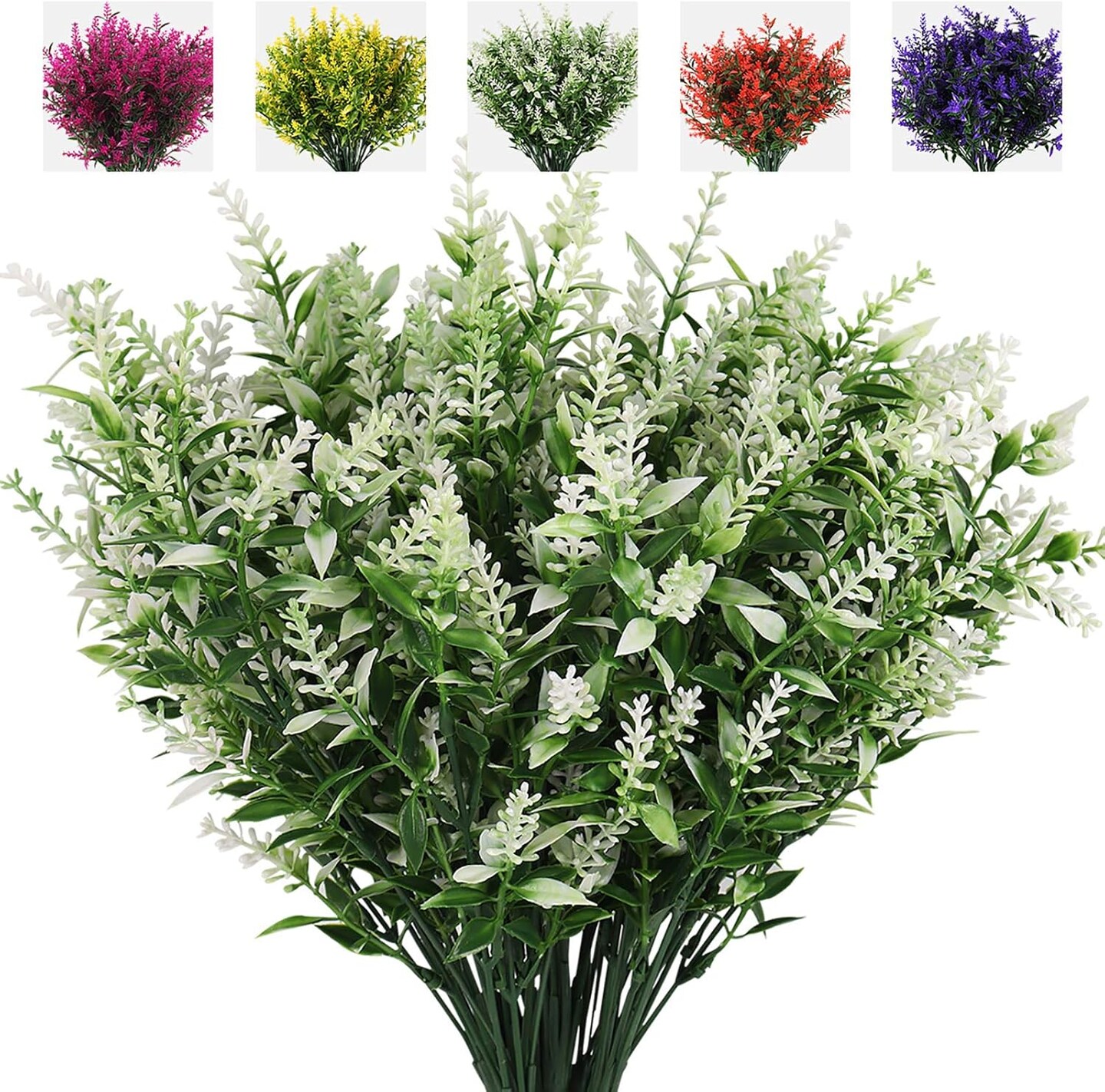 Artificial Plants Lavender, 8 Bundles Outdoor UV Resistant Greenery Fake Shrubs Simulation Plants Indoor Outside Hanging Planter Home Garden Decor (White)