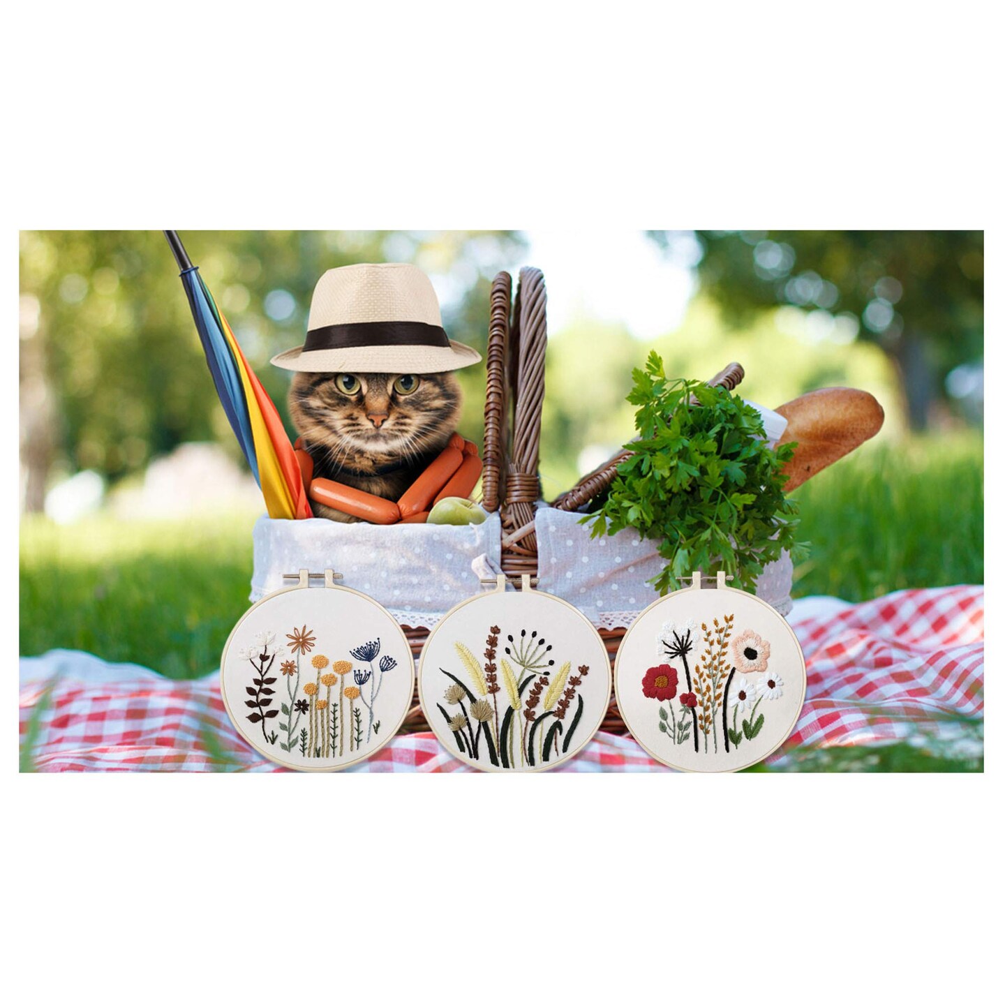 3 Sets of Beginner Embroidery Kits with 3 Patterns and 6 Needles, Needlepoint Kits for Adults,Including Embroidery Floss,3 Plastic Hoops and 3 Cotton Fabric