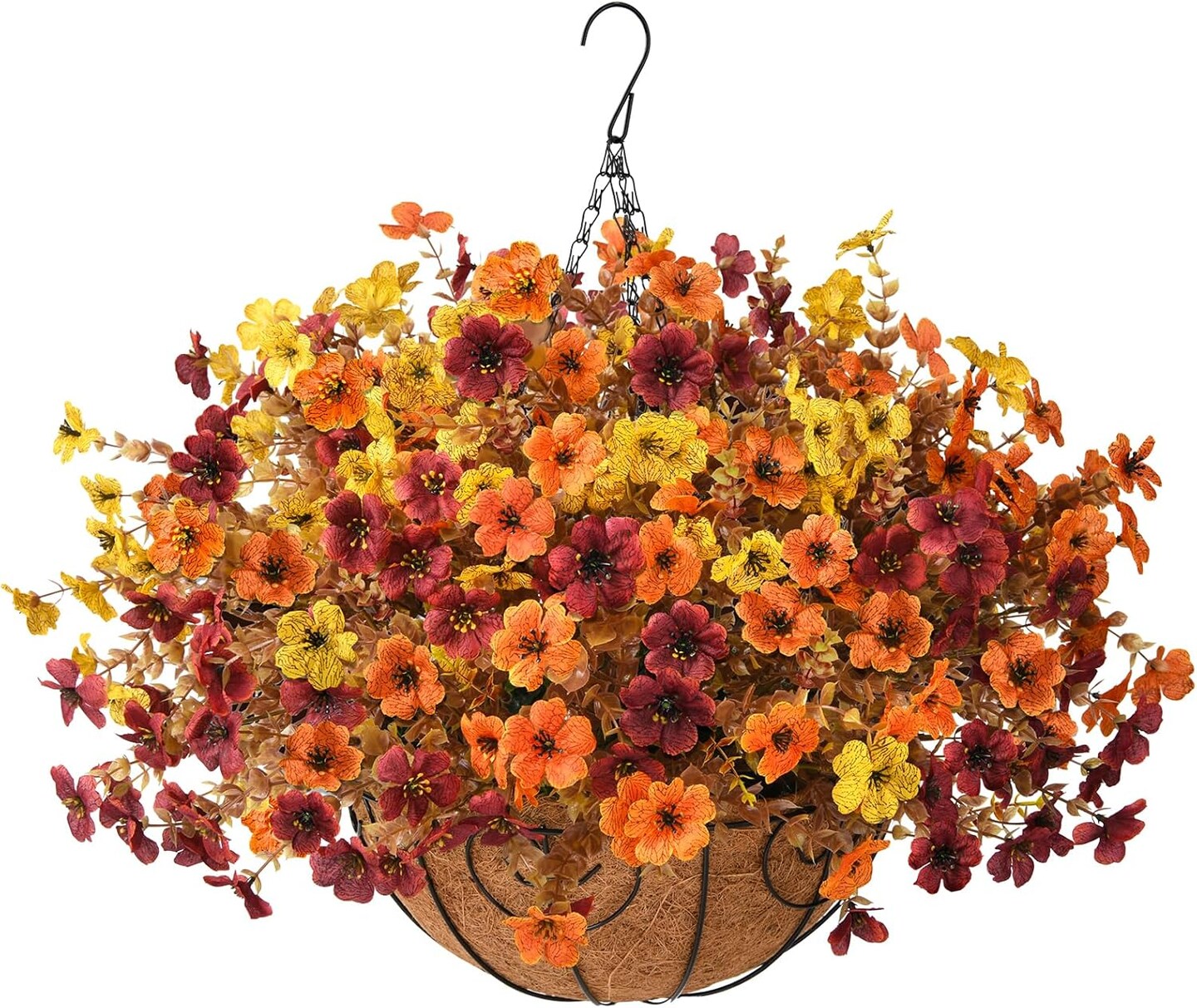 Artificial Fake Hanging Baskets Flowers for Outdoors Spring Decoration, Faux Silk Daisy Plants UV Resistant Look Real Outside Yard Patio Front Porch Garden Balcony Home Decor (Orange Yellow Brown) 15.7"D x 15.7"W x 19.7"H