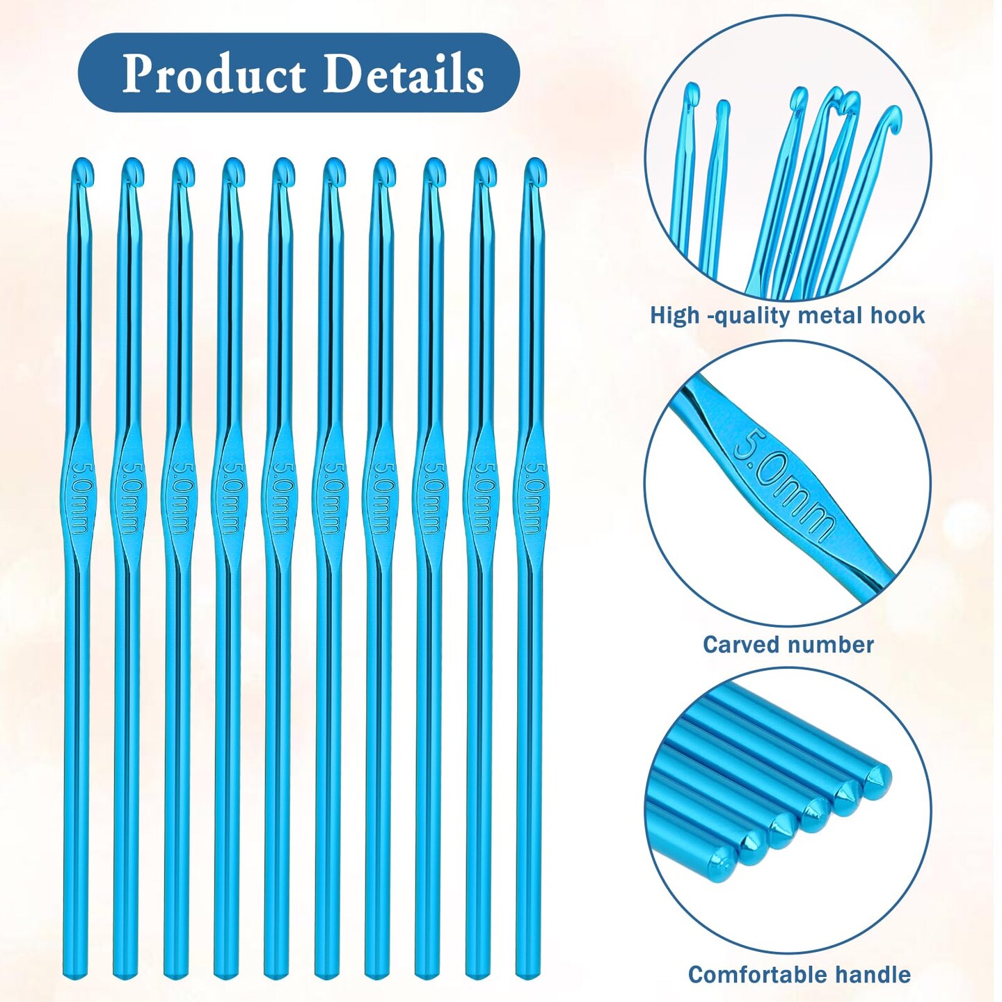 10Pcs 5mm Crochet Hook, Aluminum Knitting Needles Craft Yarn, Crochet Hook for DIY Craft, Gold Crochet Needles for Knitting Scarf(Blue)