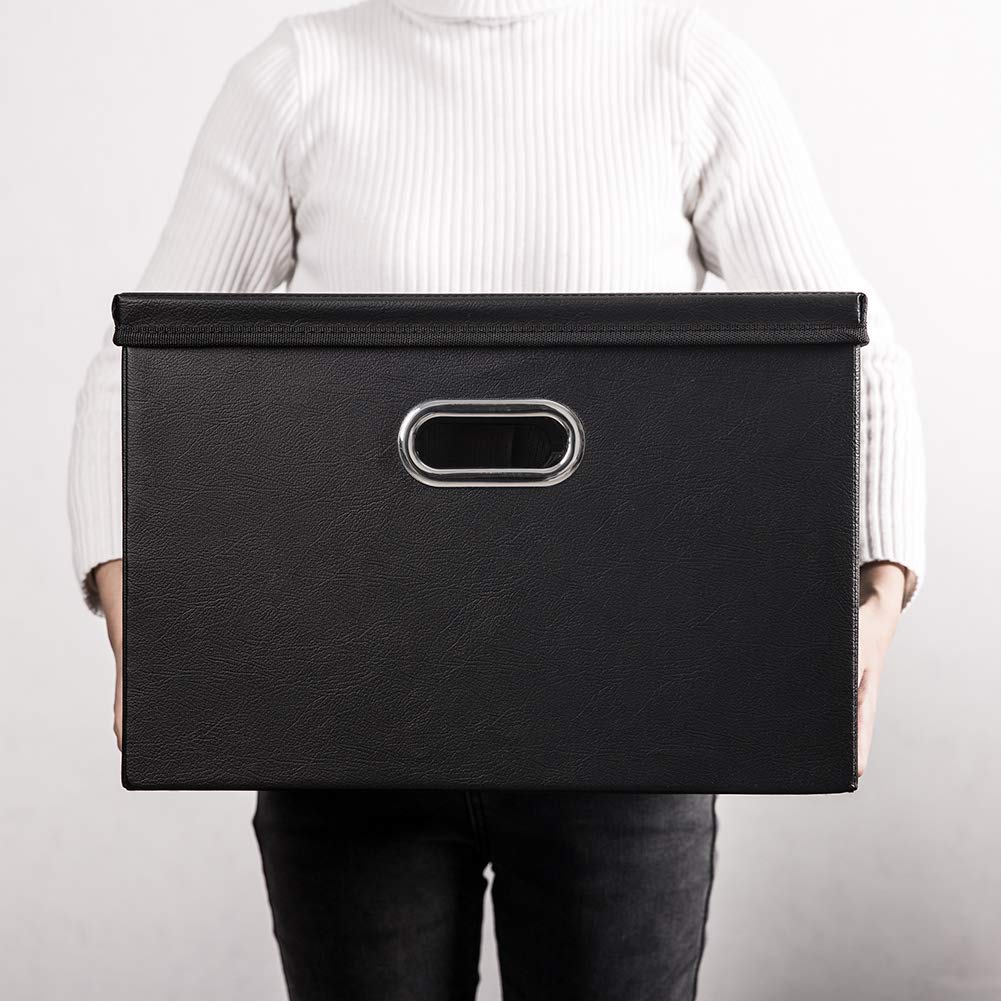 Large Collapsible Storage Bin with Lid [1-Pack] Leather Fabric Foldable Storage Box Organizer Containes Basket Cube with Cover for Home Bedroom Closet Office Nursery Black (17.7x11.8x11.8)