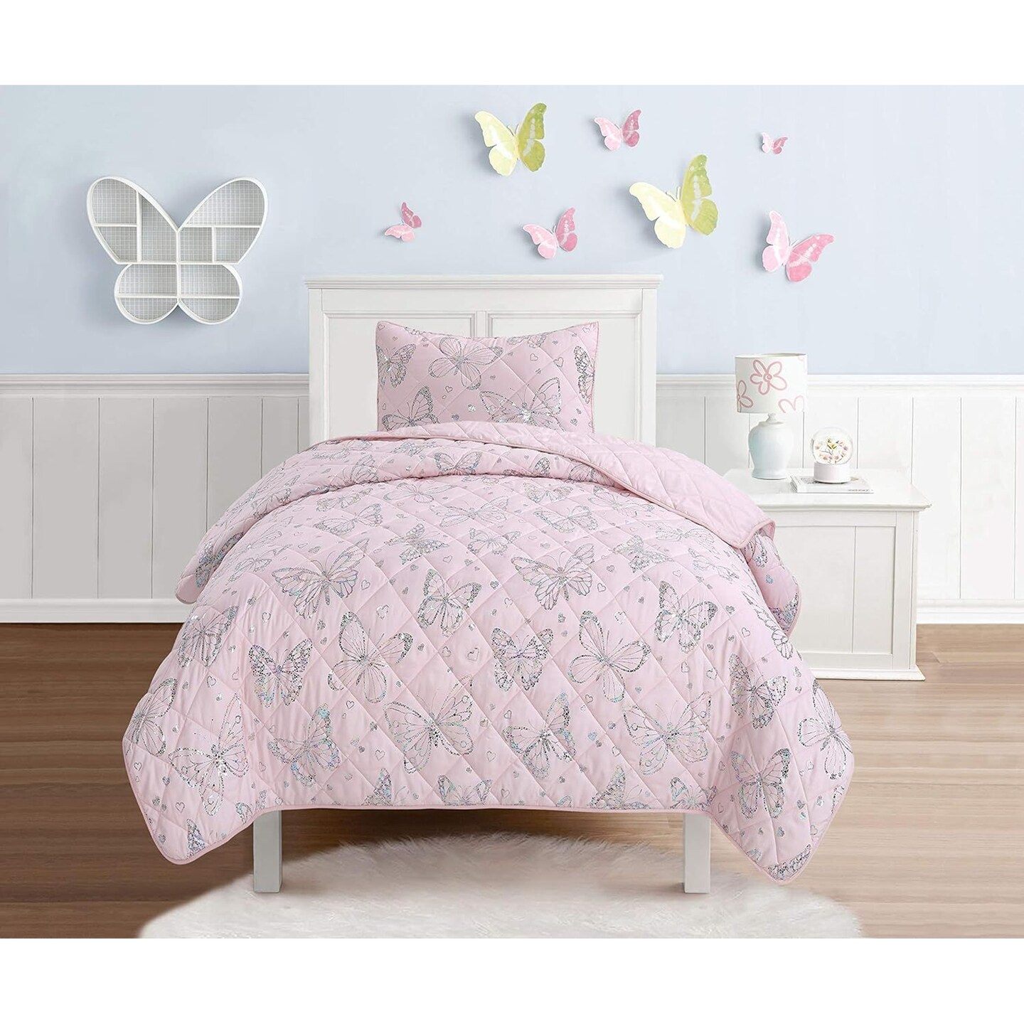 Sleeping Partners 2-Piece Shimmering Metallic Butterfly Quilt Set | 1 Twin Bed Size Quilt &#x26; 1 Standard Pillowcase | 100% Micro-denier Polyester Fiber | Soft, Smooth &#x26; Durable | Ideal for Teens | Pink