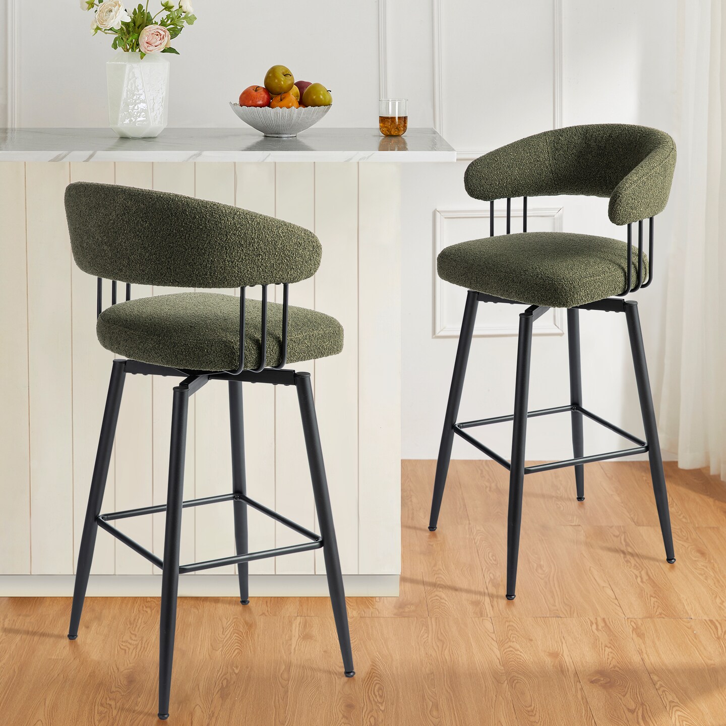 Set of 2/4 Modern Fabric Swivel Bar Stool with Tapered Black Metal Legs