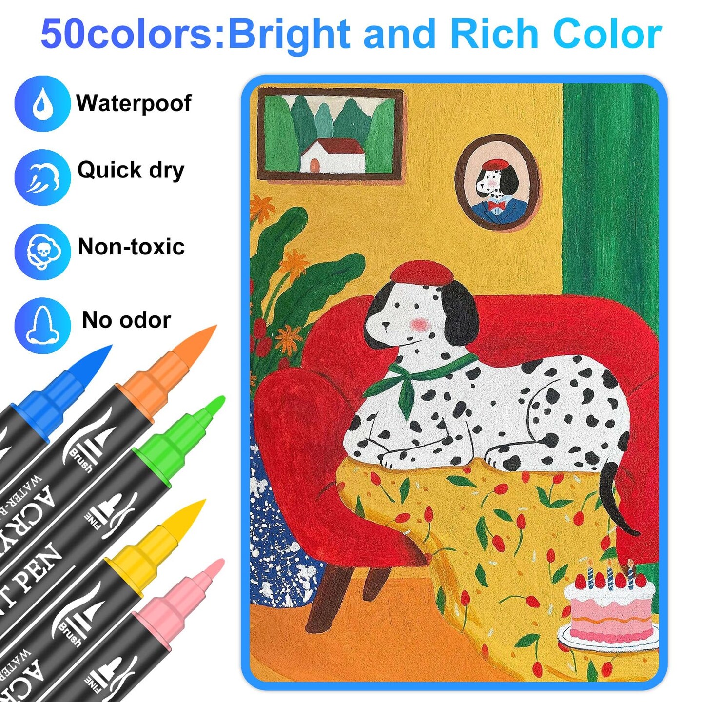 Acrylic Paint Pens, 50 Colors Dual Tip Markers with Fine and Brush Tip, Premium Marking Pens Set for Rock, Wood, Plastic, Fabric Painting and DIY Crafts