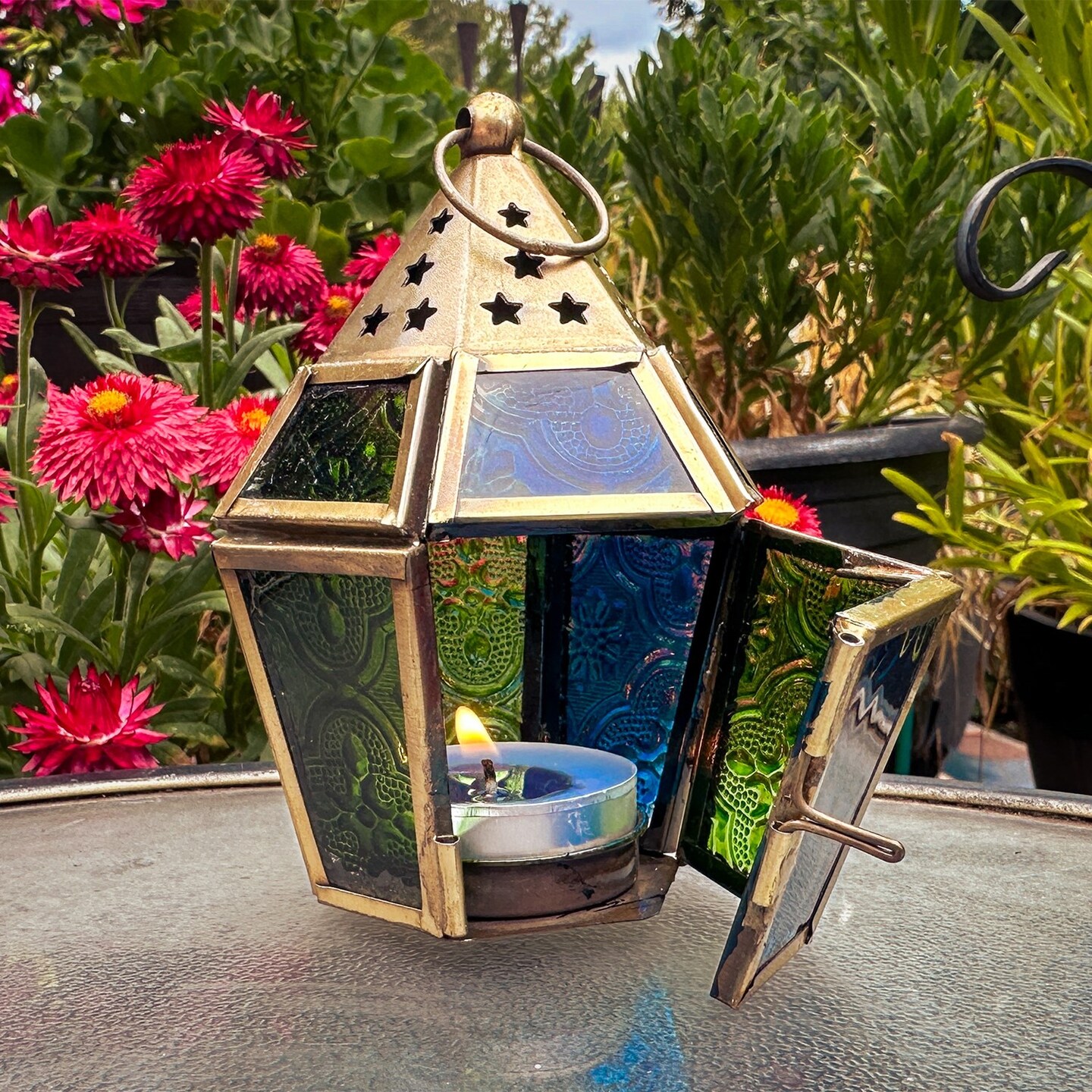 In the Breeze 9205 &#x2014; Blue &#x26; Green Mini Hex Tealight Lantern &#x2014; Moroccan-Style Boho Chic Tealight Glass and Metal Tabletop Lantern