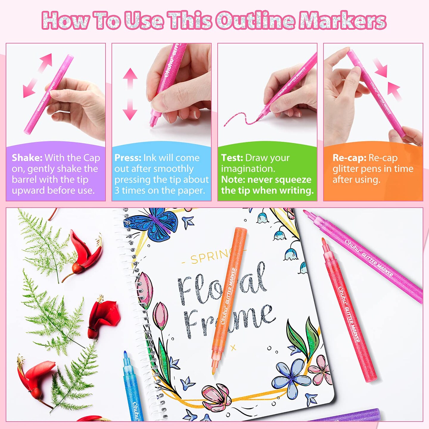 Glitter Markers Pen 12 Glitter Colors Metallic Shimmer Marker Fine Point Tip Water-based Ink for Kids Adults DIY Crafts Greeting Birthday Cards Making Poster Album Scrapbooking Mugs Wood