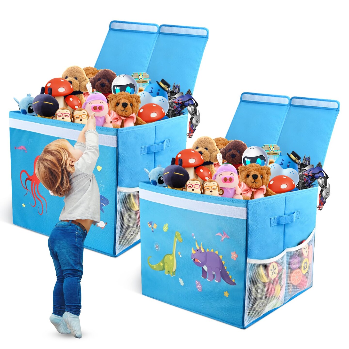 Two Pcs Toy Chest for Boys Girls 18x16x14 Inch, Baby Shark, Collapsible Dinosaur Toy Box with Lid, Blue, Kids Toy Box for Boys Girls