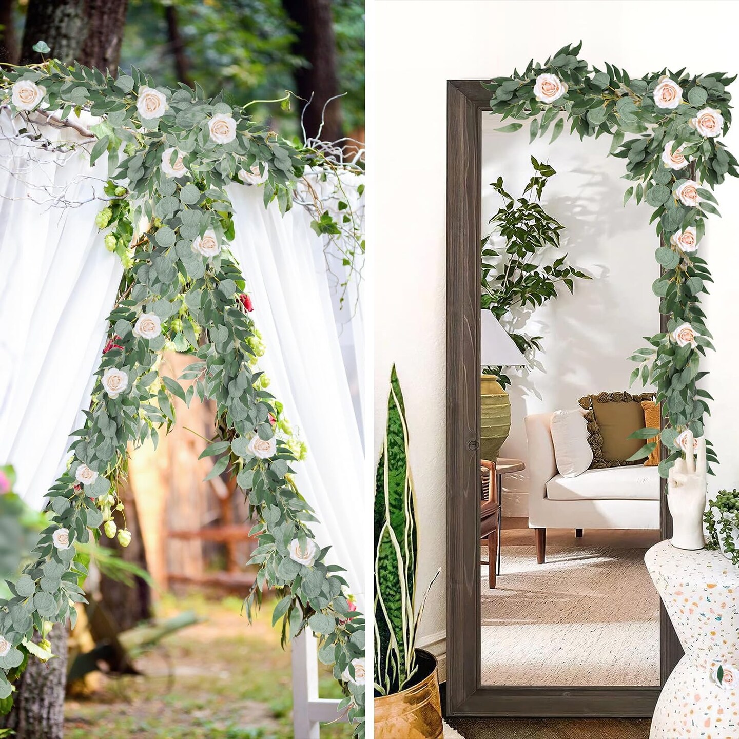 2Pack Artificial Eucalyptus Garland with Willow Leaves 6.5Feet Fake Hanging Plant Silk Eucalyptus Willow Leaves Ivy Garland Faux Greenery for Indoor Outdoor Wedding Party Home Table Runner Arch Decor