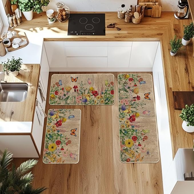 Wood Flowers Butterfly Spring Kitchen Mats Set of 3, Seasonal Home Decor Leaves Low-Profile Kitchen Rugs for Floor - 17&#x22;x29&#x22;+17&#x22;x36&#x22;+17&#x22;x47&#x22;