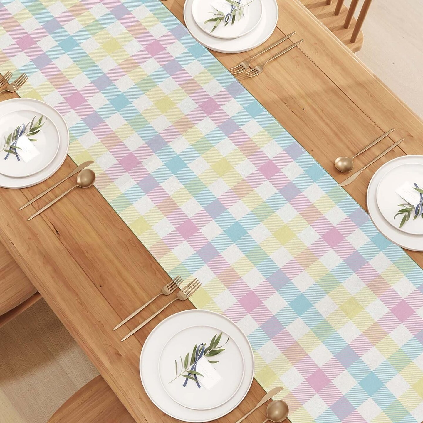 72" Linen Buffalo Check Plaid Table Runner – Farmhouse Spring & Summer Easter Decor for Home & Dining