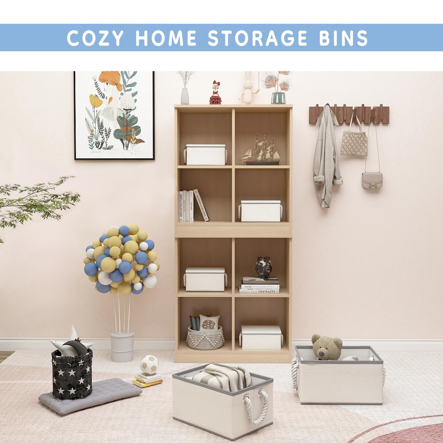 Large Fabric Storage Bins for Shelves with Handles 3 Pack | Storage Baskets for Organizing and Cloth Bins | Folding Rectangle Closet storage bins for Cloth and Magazine,Beige,15&#x22;W x 10.5&#x22;D x 8.5&#x22;H