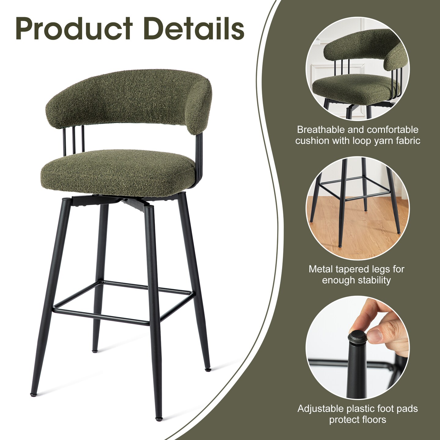 Set of 2/4 Modern Fabric Swivel Bar Stool with Tapered Black Metal Legs