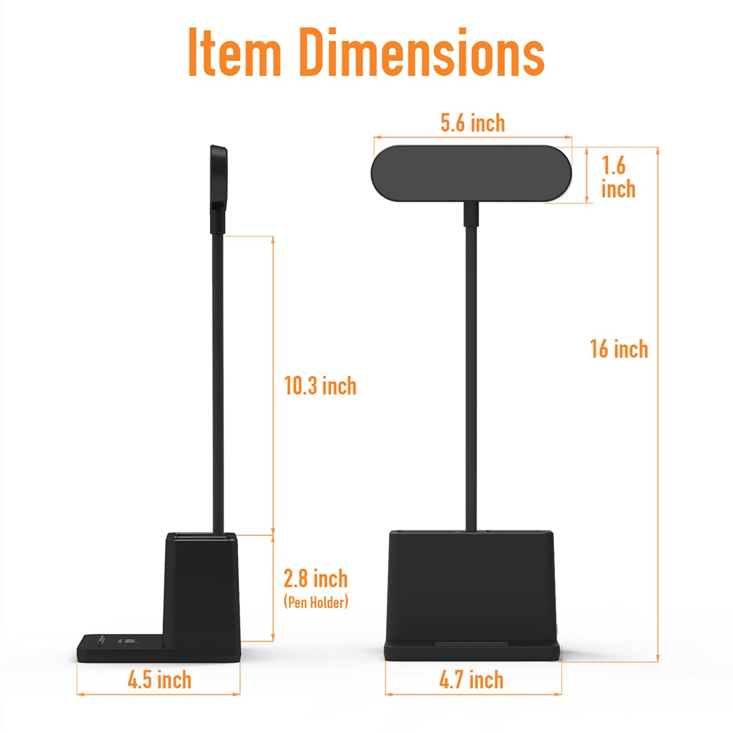 Black LED Desk Lamp for Home Office Bedroom, Battery Operated Table Light for Computer Desktop, Small, Cute, Dimmable, Rechargeable, Flexible Gooseneck, Pen Holder, Phone Mount, Touch Control