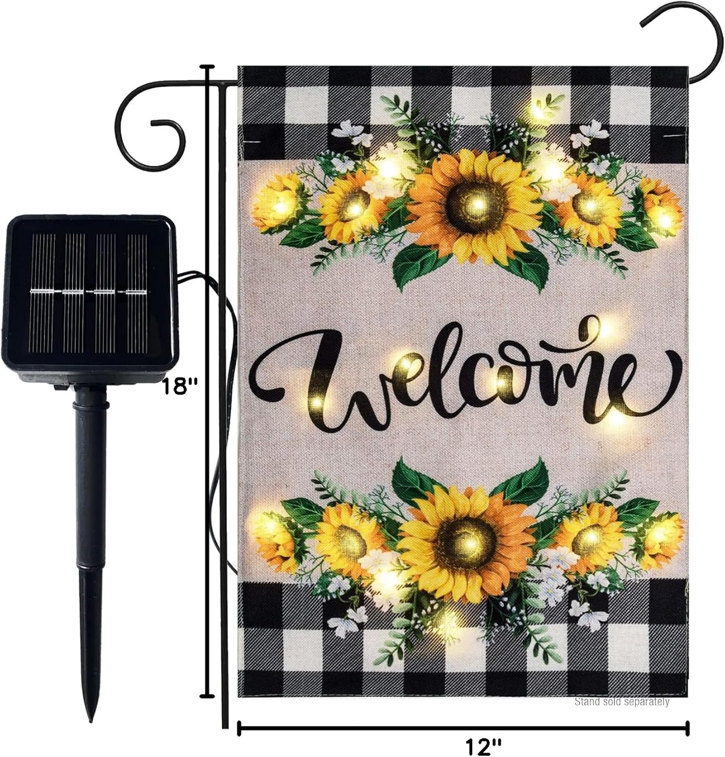 Welcome Summer Sunflower Garden Flag With Lights- Solar LED Burlap Welcome Sign Buffalo Plaid Mini Small Garden Yard Flags Banner 12x18 Double Sided for Outside Patio Lawn Outdoor Decoration Farmhouse