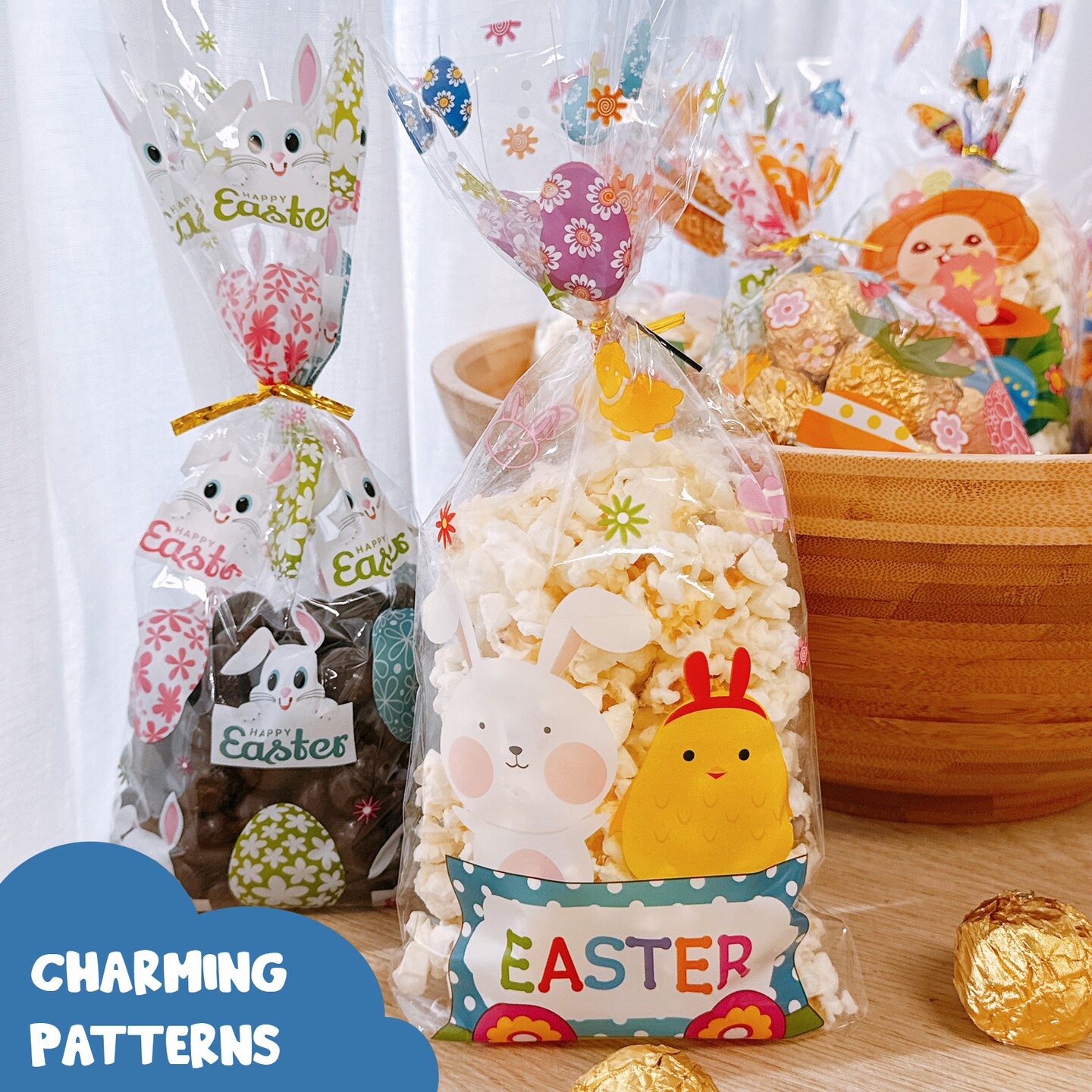 Wrapables Easter Cellophane Treat Bags With Twist Ties for Candy, Cookies, Treats, Gifts and Party Favors (100pcs), Happy Easter