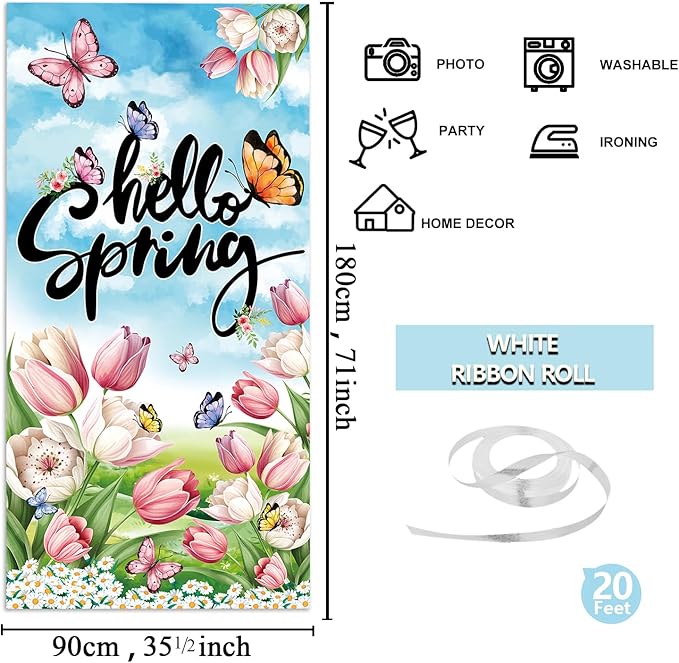 Spring Decorations Door Cover, 6x2.9 FT Hello Spring Banner for Door, Spring Decorations for Office, Spring Decorations For Classroom Spring Door Cover