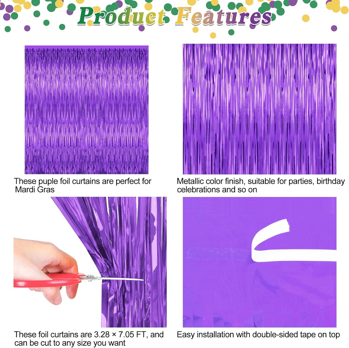 2 Pack Mardi Gras Backdrop Curtains, 3.28 FT x 7.05 FT Purple Tinsel Backdrop, Metallic Mardi Gras Backdrop Fringe Curtains Foil Streamer Backdrop, Mardi Gras Party Supplies Mardi Gras Decorations