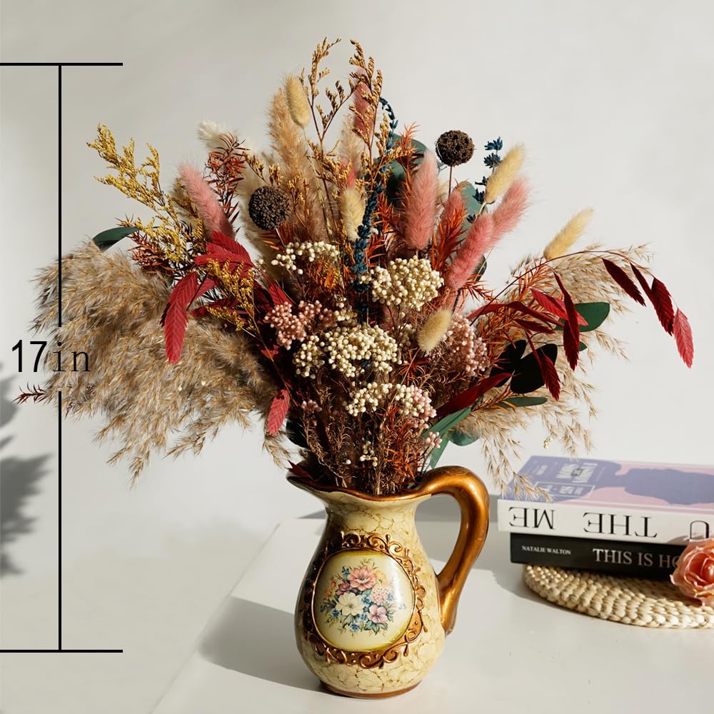 17" Natural Dried Pampas Grass Bouquet with Silver Dollar Leaves