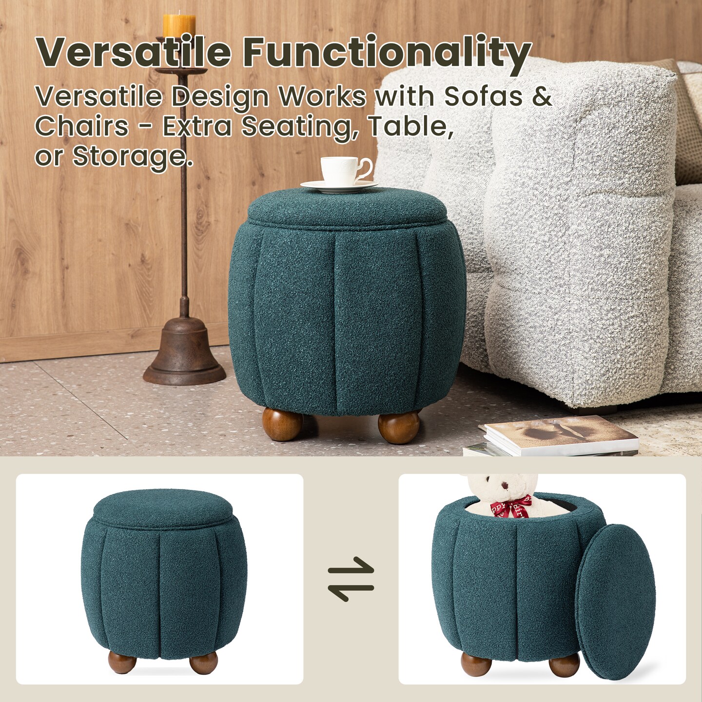 19"H Boucle Upholstered Storage Ottoman Stool with Rubberwood Feet