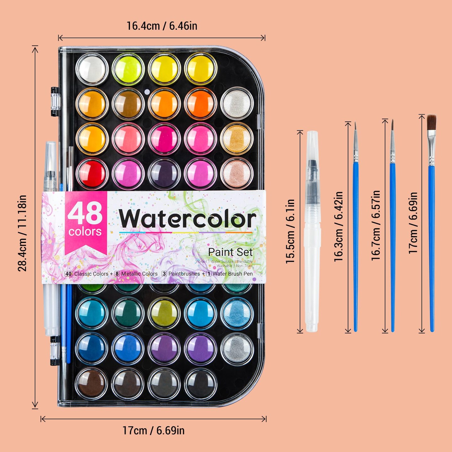 40+8 Watercolor Paint Set, Washable Water Color Paint Sets for Kids Adult Beginner, Non-toxic Watercolors with 3 Brushes 1 Refillable Water Brush Pen and Palette, Artists Watercolor Set, Art Supplies