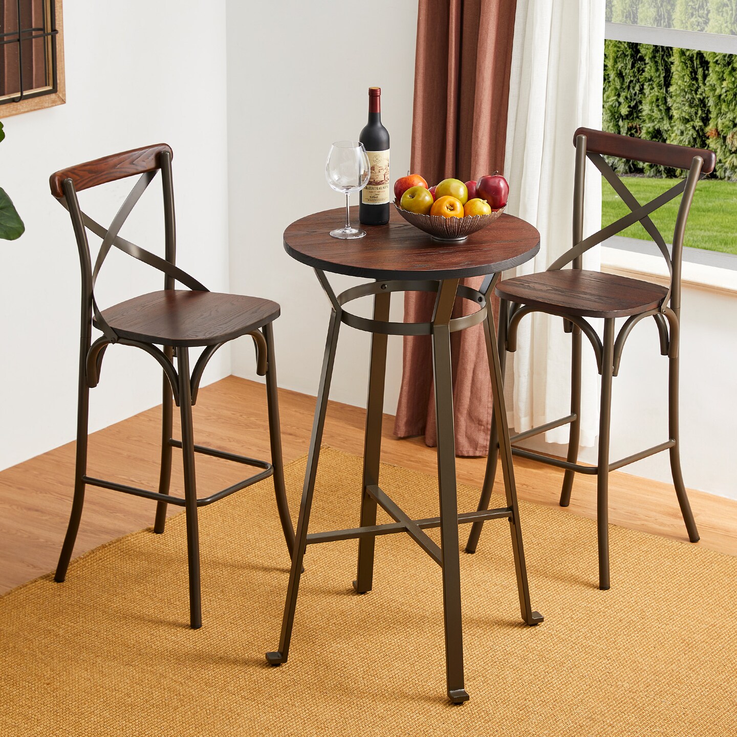 3 Piece Pub Table and Bar Chair Set - Steel Round Bar Table and Bar Chair Set