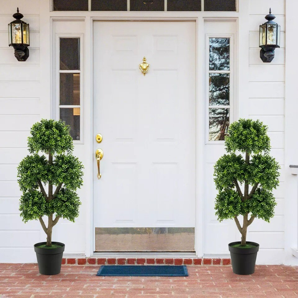 45&#x22; Tall Fake Potted Boxwood Tree w/ 5 Ball-Shaped Topiaries Home Office