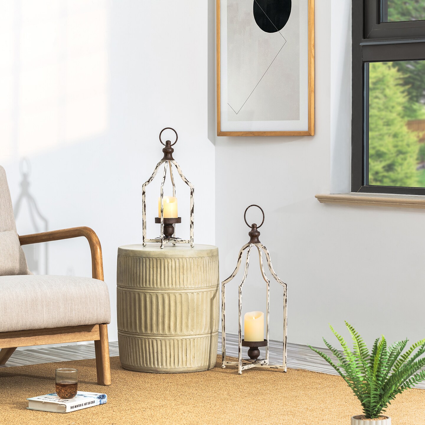 Set of 2 White Farmhouse Metal Decorative Lanterns Hanging Candle Holders Wedding Decor