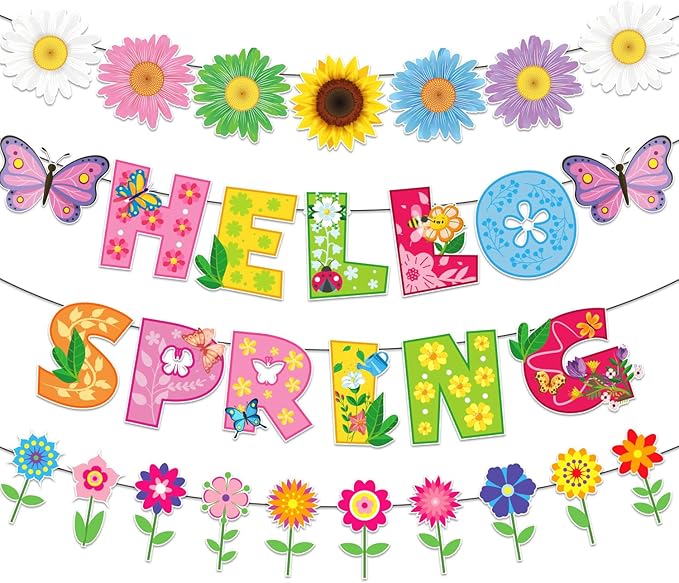 Spring Banner, NO-DIY Spring Decorations includes Hello Spring Banner, Spring Flower Garland and Spring Garland, Spring Party Decorations for Spring Easter Mantel Fireplace Hanging Decor