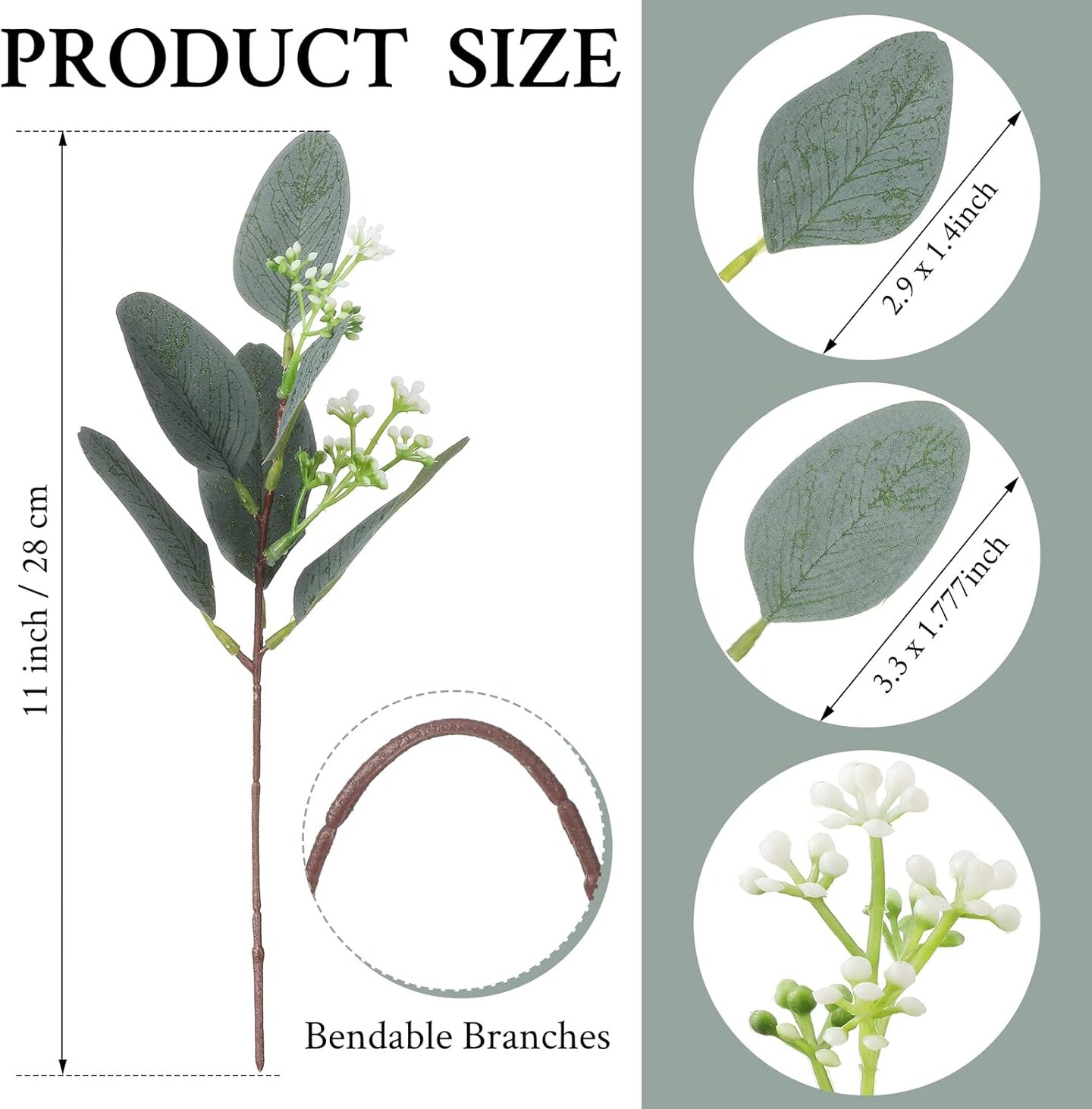 60 Pcs Eucalyptus Leaves Stems Artificial Eucalyptus Leaves Artificial Silver Dollar with White Seeds Grey Green Short Leaves Faux Branches Stems Plants for Wedding Bouquet Farmhouse Greenery Decor