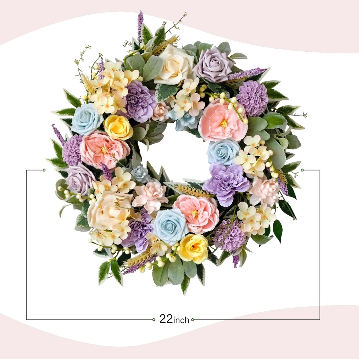 Spring Summer Wreath for Front Door 22 Inch Artificial Floral Wreath with Roses Peonies Hydrangeas Leaves for Door Wall Decoration Wedding Party Home Farmhouse Decoration
