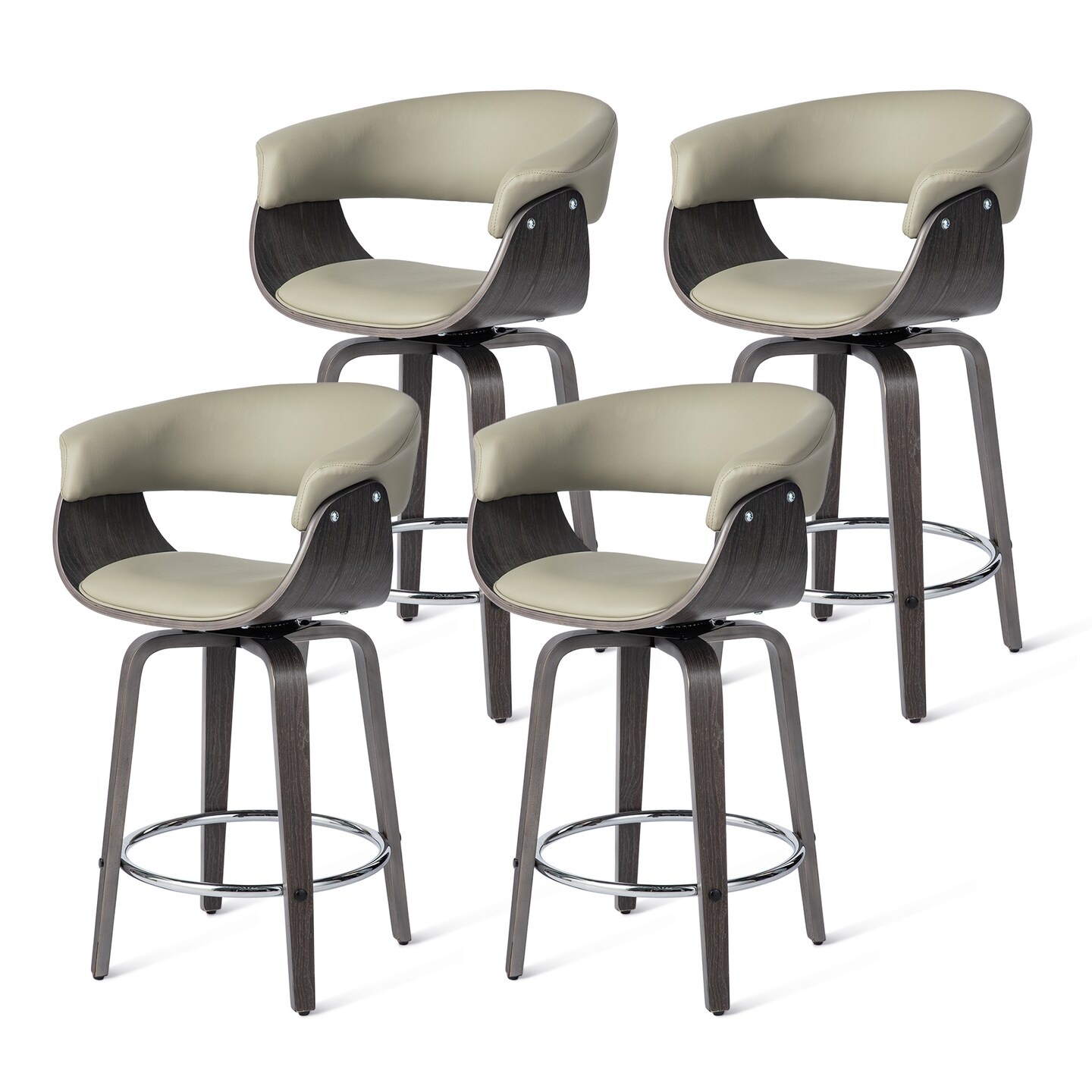 Set of 2/4 Mid-century Modern Leatherette Swivel Bar Stools/Counter Stools with Walnut Bentwood Frame