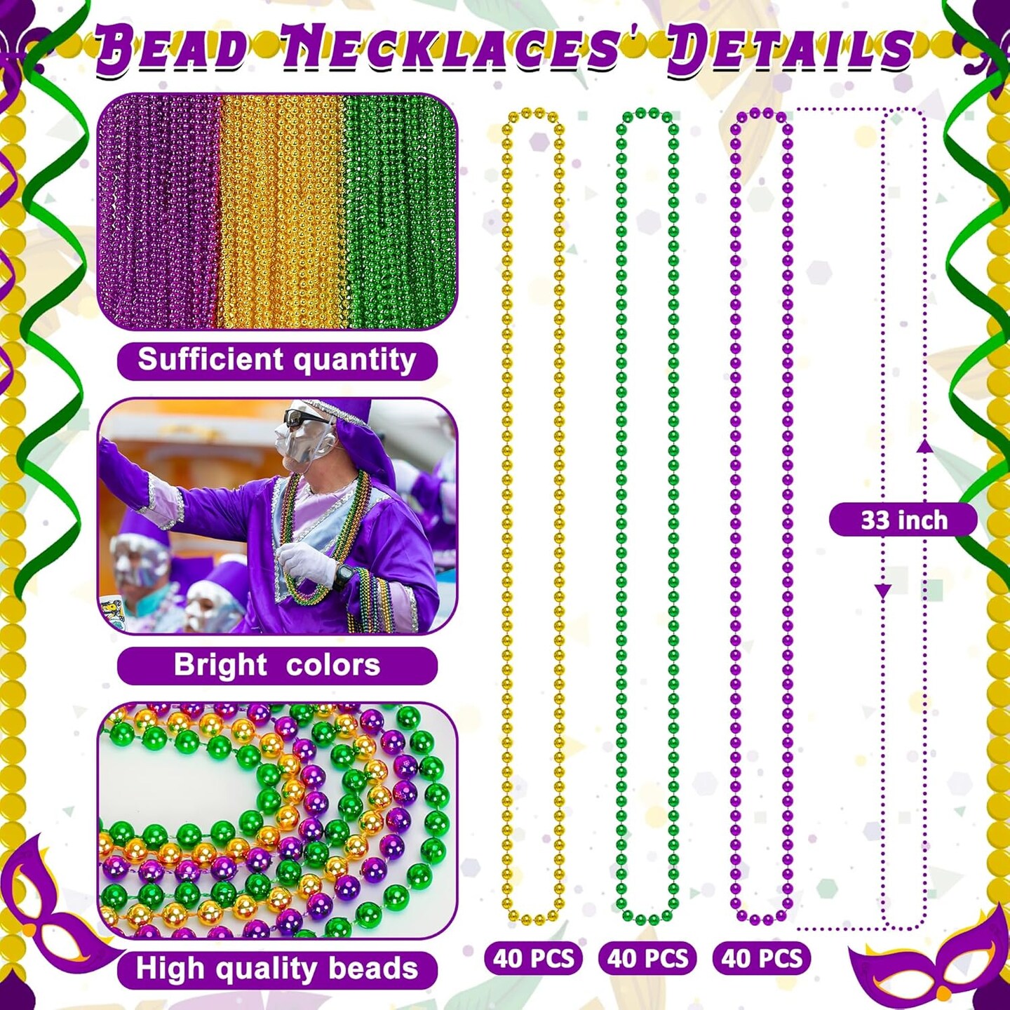 120PCS Mardi Gras Beads, 33&#x22; Beaded Necklace, Purple Gold Green Mardi Gras Accessories, Party Costume Necklaces Parade Throws Women Men Beads Bulk for Party Event Favors Supplies Decorations