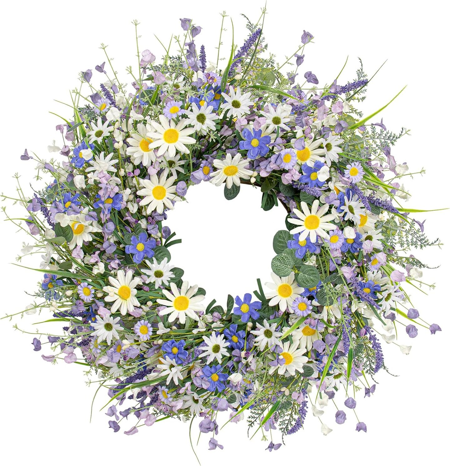 22 Inch Blue Spring Wreath – Wildflower & Lavender Floral Door Wreath for Front Door, Wall, Porch, Window, Indoor & Outdoor Home Decor