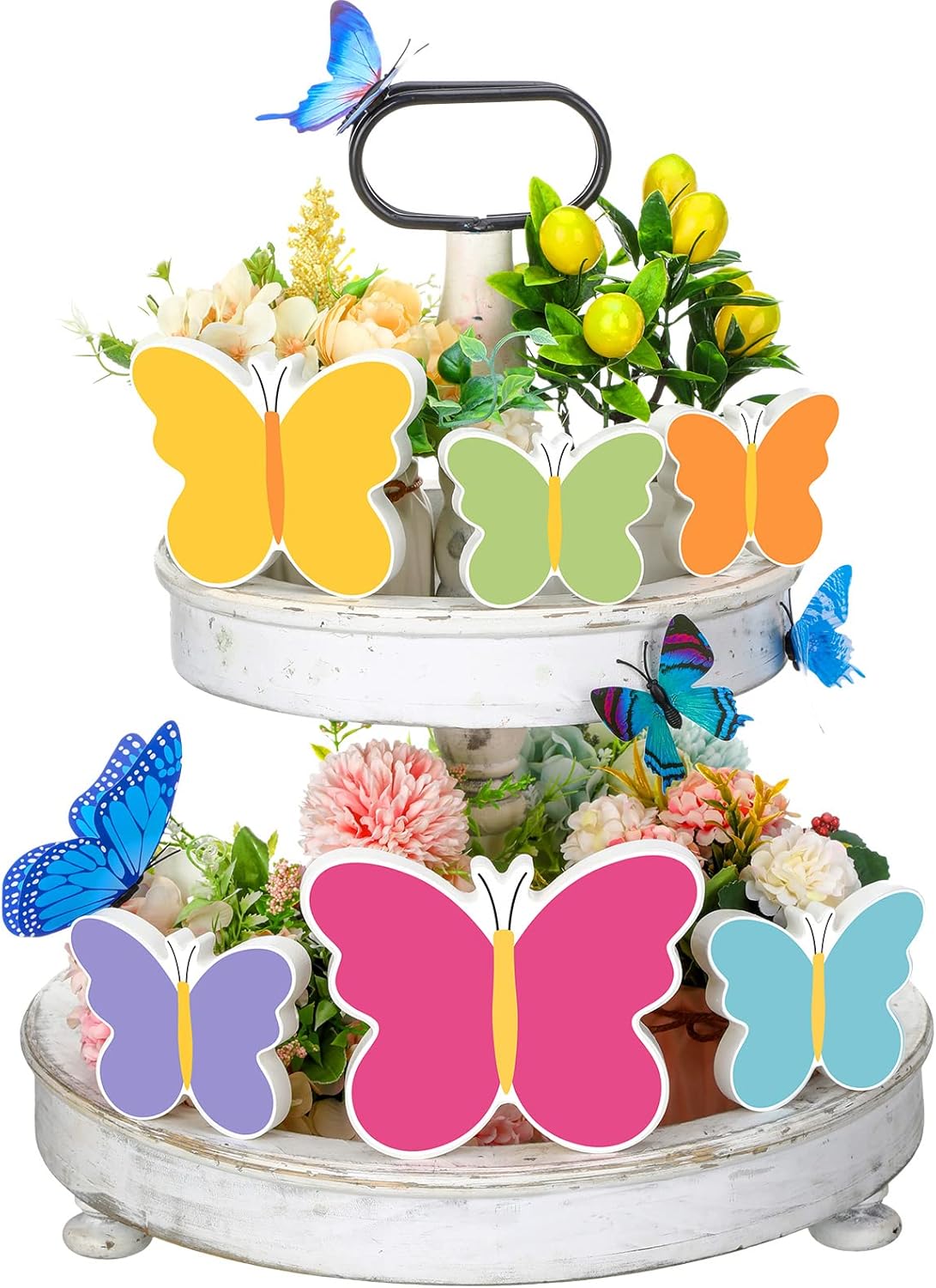 6-Piece Spring Butterfly Wooden Sign Set – 3D Colorful Tiered Tray & Farmhouse Table Decor
