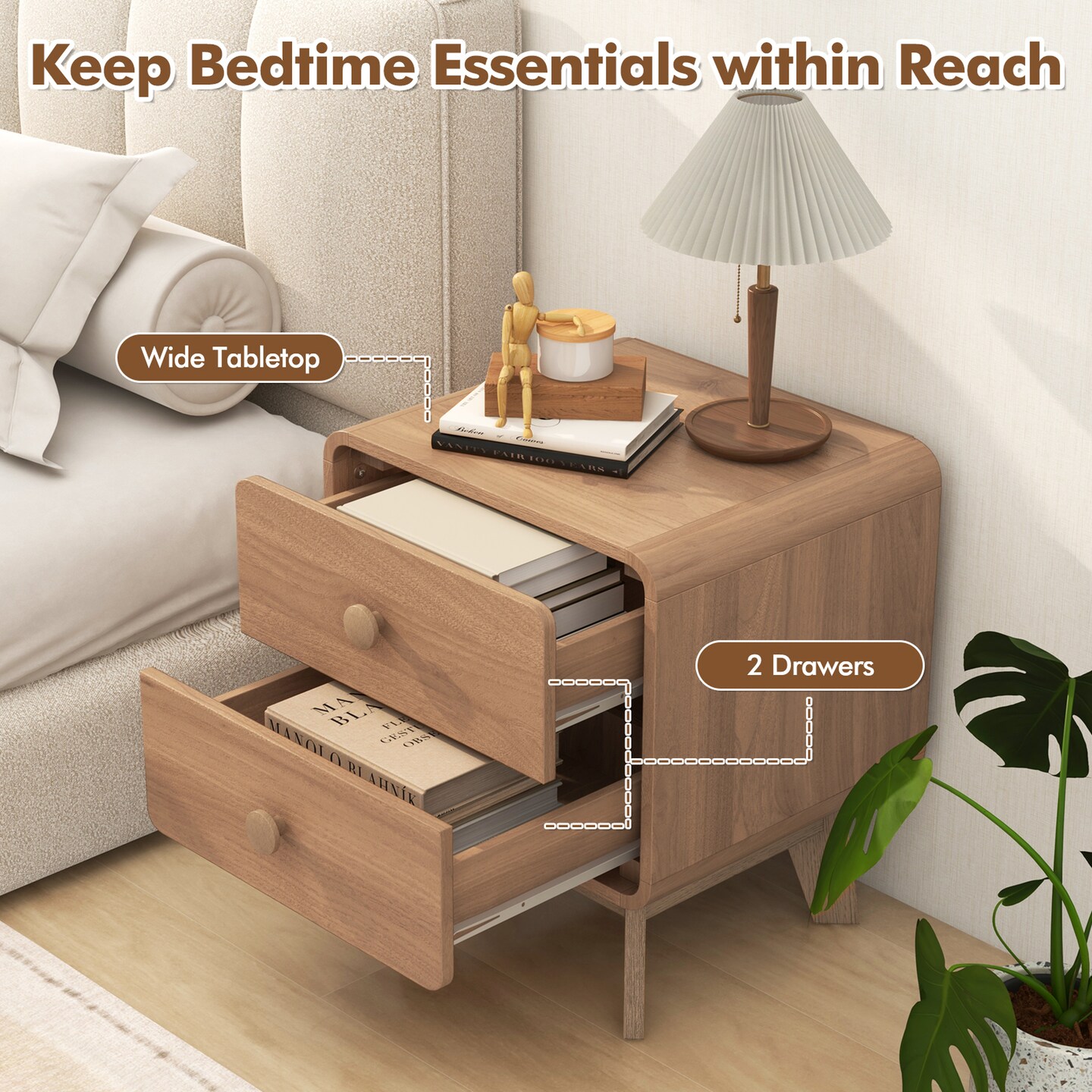 Costway 1/2 PCS Modern Style 2-Drawer Nightstand Bedside Table with Solid Rubber Wood Legs Brown