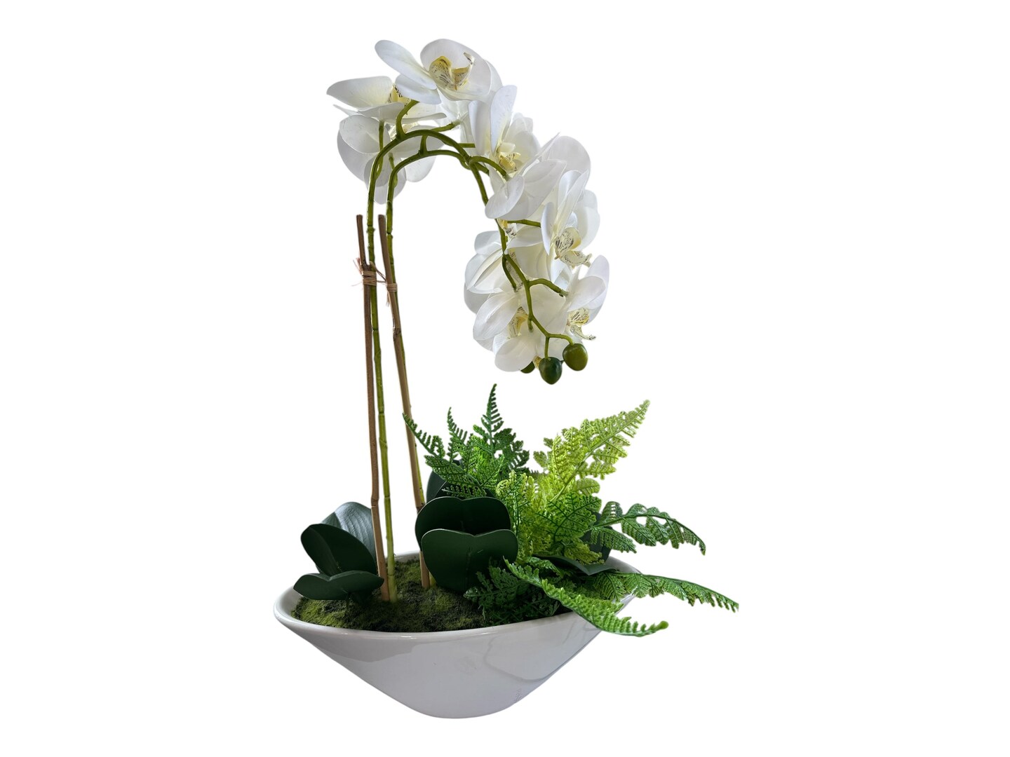 20&#x22; Artificial Phalaenopsis Orchid Arrangement | Faux White Orchid in Ceramic Bowl