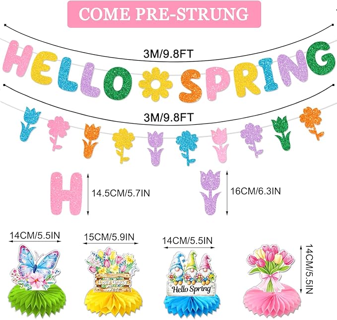 Colorful Glittery Hello Spring Banner Banner Spring Hanging Swirls Decorations Spring Honeycomb Centerpieces Decorations Spring Easter Tulip Flowers Party Banner for Ceiling Table Hanging Decors