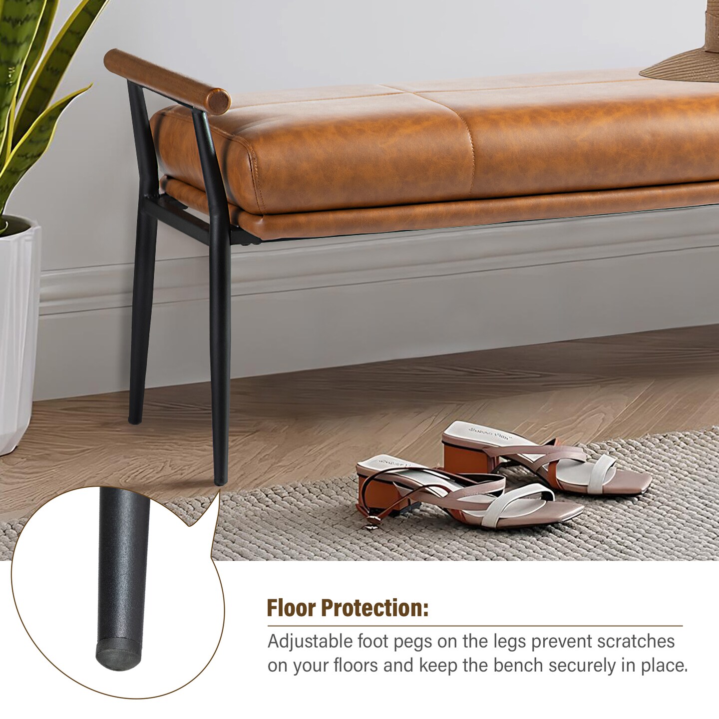 48.25&#x22;W Modern Brown Upholstered Bench with Wooden Arms and Metal Legs
