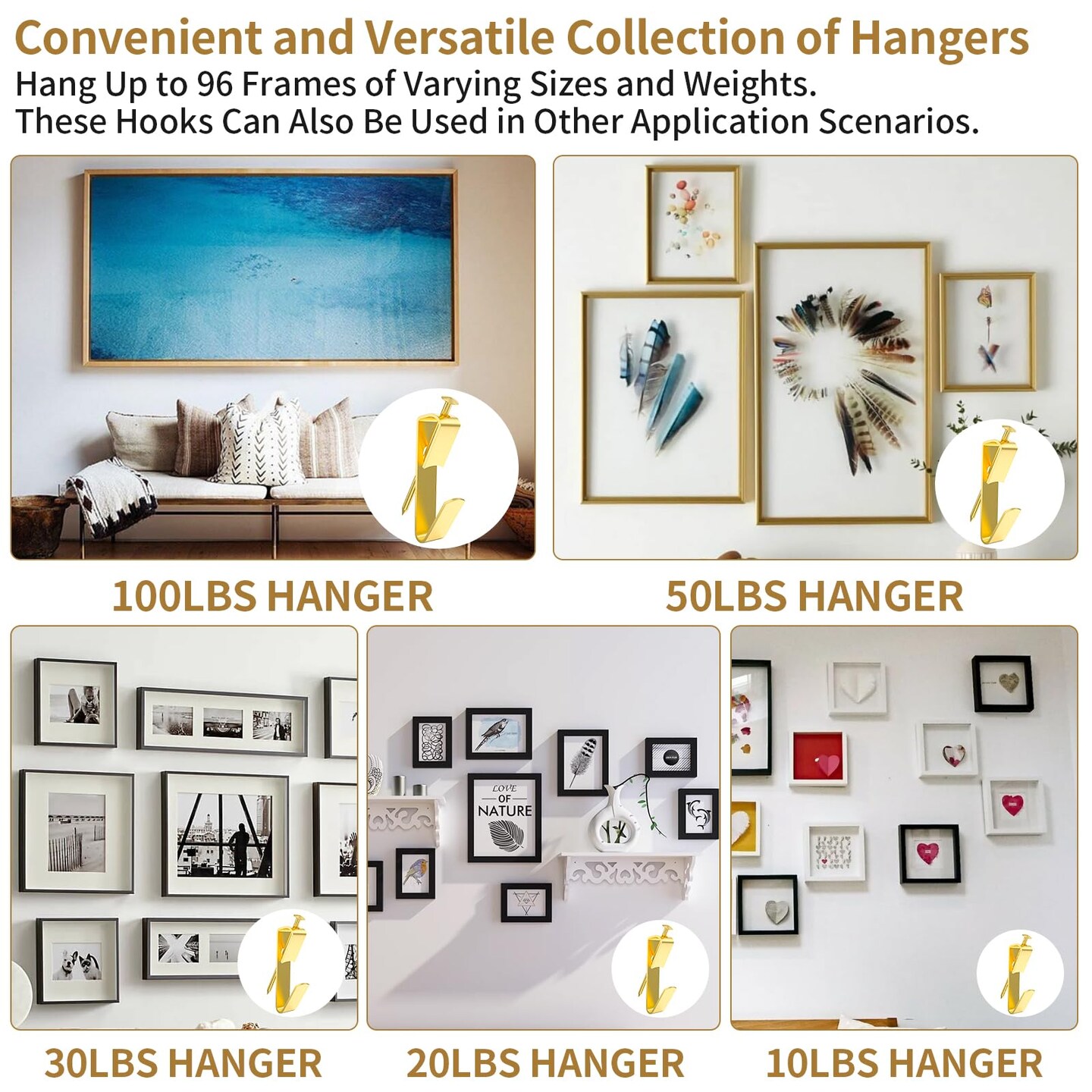 202 PCS Frame Hanger Kit, 10lb, 20lb, 30lb, 50lb&#x26;100lb Picture Hanging Hardware Kit, Picture Hanging Tool, Pcture Hangers,Picture Frame Hanging Kit, Picture Hooks for Pictures, Canvas, Mirror (Gold1)