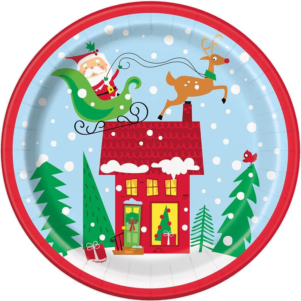 Unique Round Paper Dinner Plates - 9&#x22; | Colorful Santa | 8 Pcs