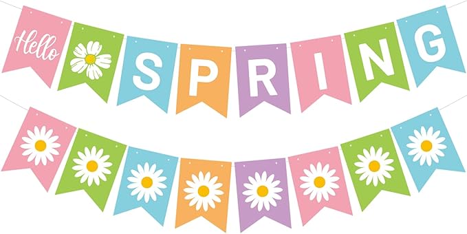 Hello Spring Banner Colorful Spring Bunting Banner Flower Pattern Hanging Banner Garland Spring Easter Party Decorations for Indoor Outdoor Wall Mantle Fireplace Spring Break Celebration