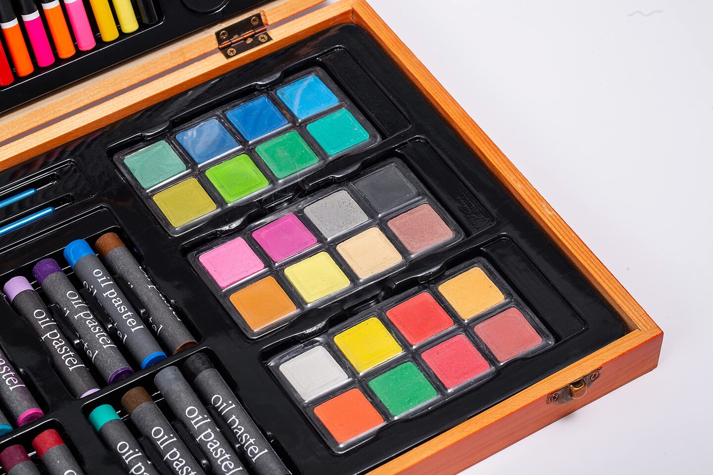 MAHITOI US 80+Piece Deluxe Artist Studio Creativity Set Wood Box Case - Art Painting, Sketching Drawing Set, 24 Watercolor Paint Colors, 24 Oil Pastels, 24 Colored Pencils, 2 Brushes, Starter Kit